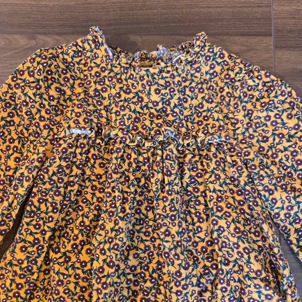 Next SP Girls Mustard Yellow Floral Corduroy Dress Ruffle‎ Neck 2-3 Years
